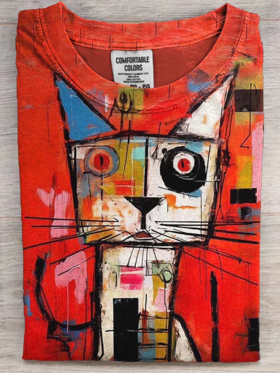 Abstract Colorful Cat Print Casual Short Sleeve T-Shirt