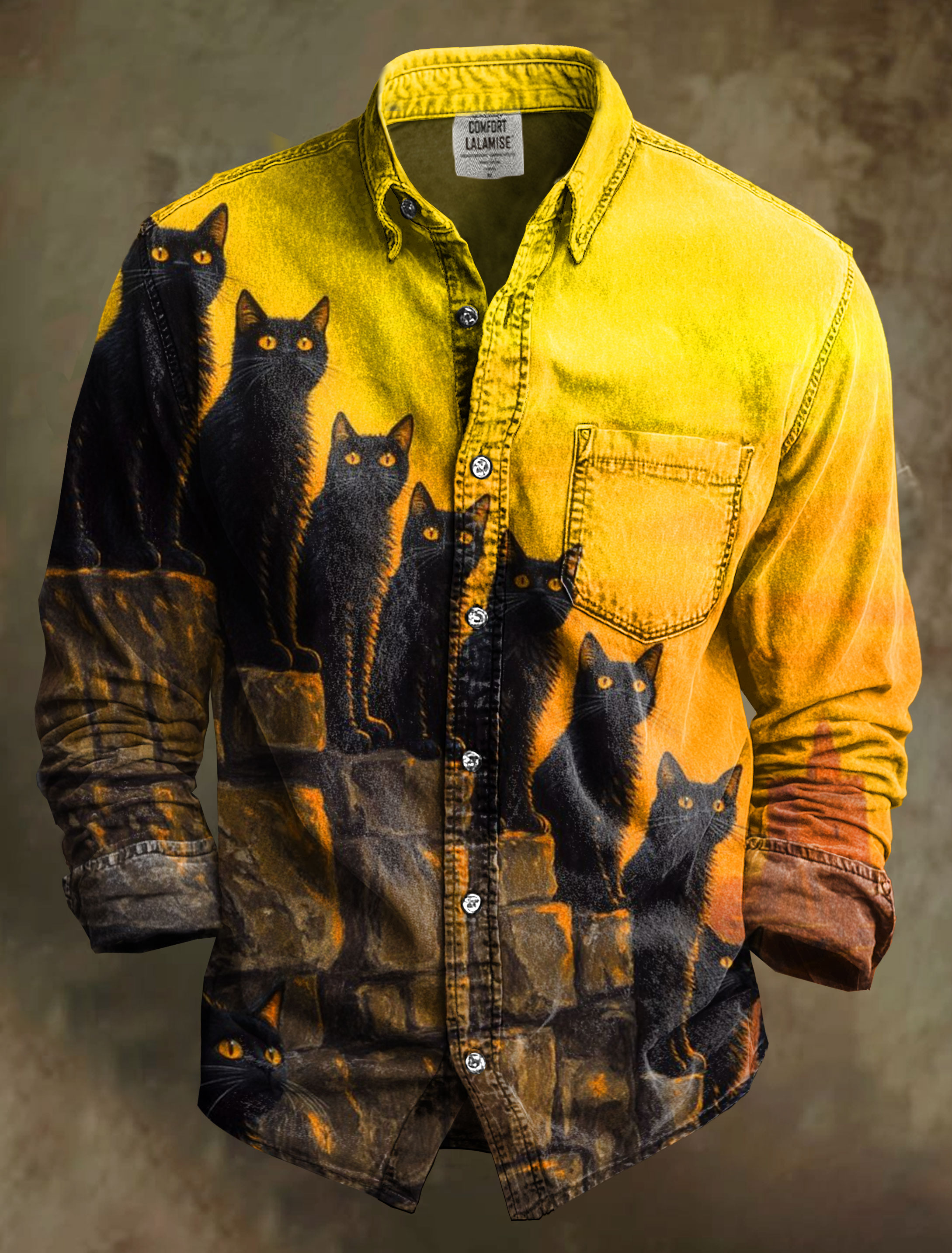 Black Cat Art Print 100% Cotton Long Sleeve Shirt