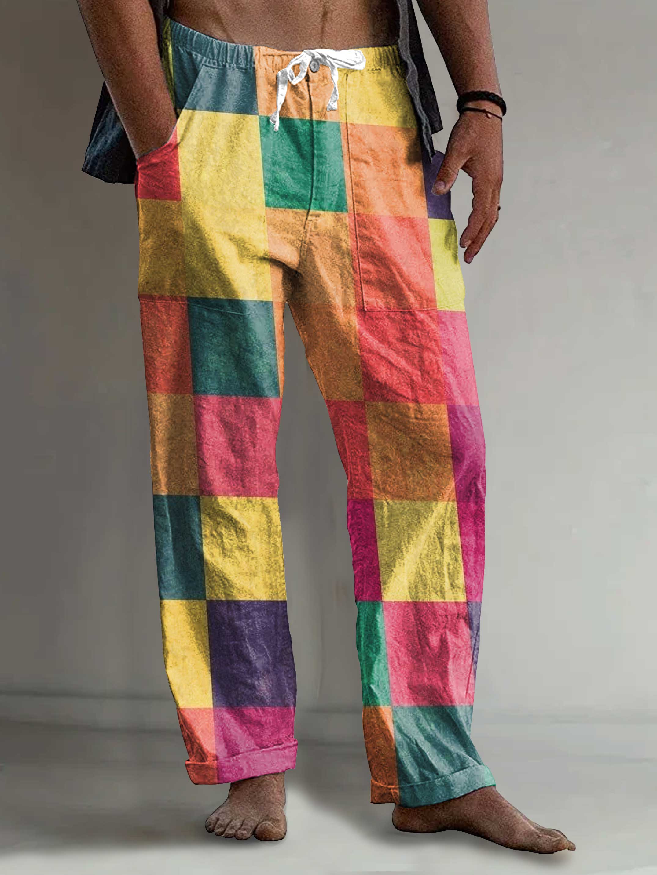 Men's Vintage Colorful Plaid Art Print Comfy 100% Cotton Pants