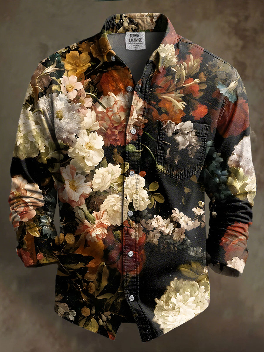 Vintage Multicolor Flower Art Print 100% Cotton Long Sleeve Shirt