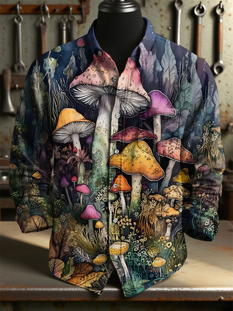 Vintage Multicolored Mushroom Art Print 100% Cotton Long Sleeve Shirt