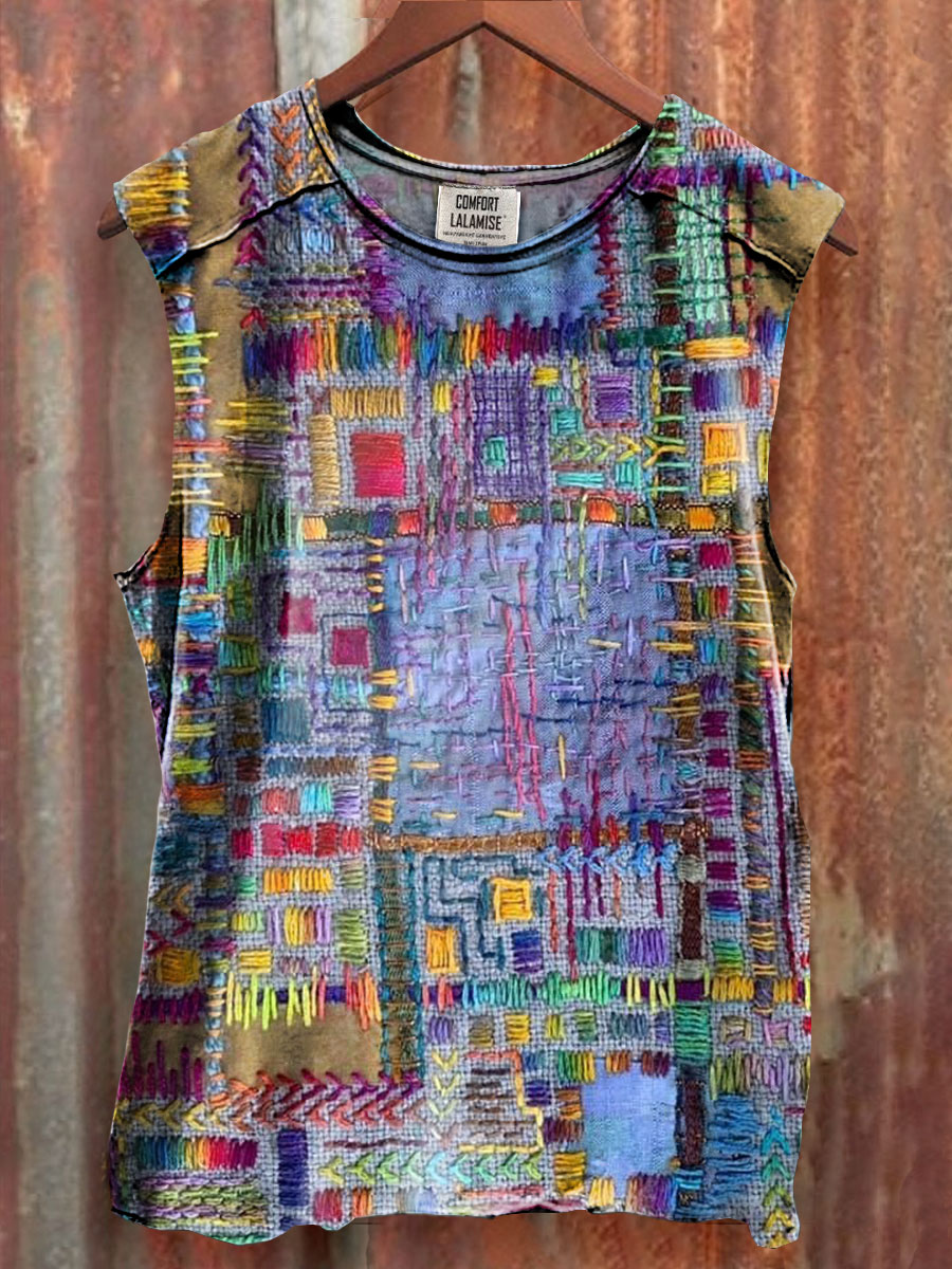 Fancy Embroidery Art Print 100% Cotton Casual Tank Top