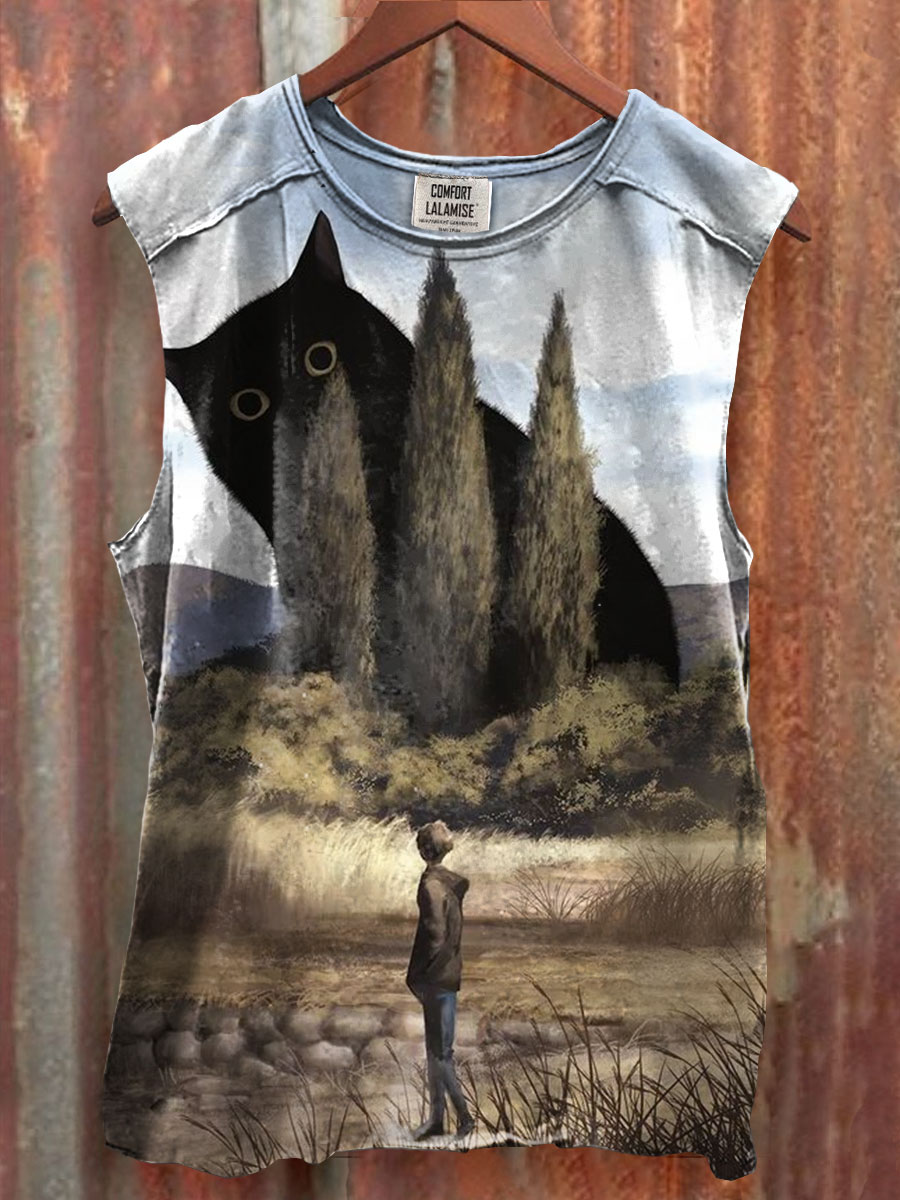 Cat Print 100% Cotton Casual Tank Top