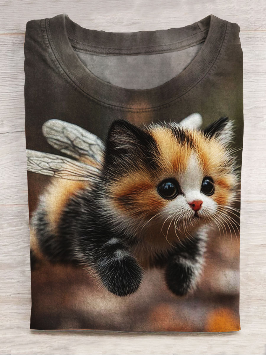 Funny Cat Print Casual Short Sleeve Top