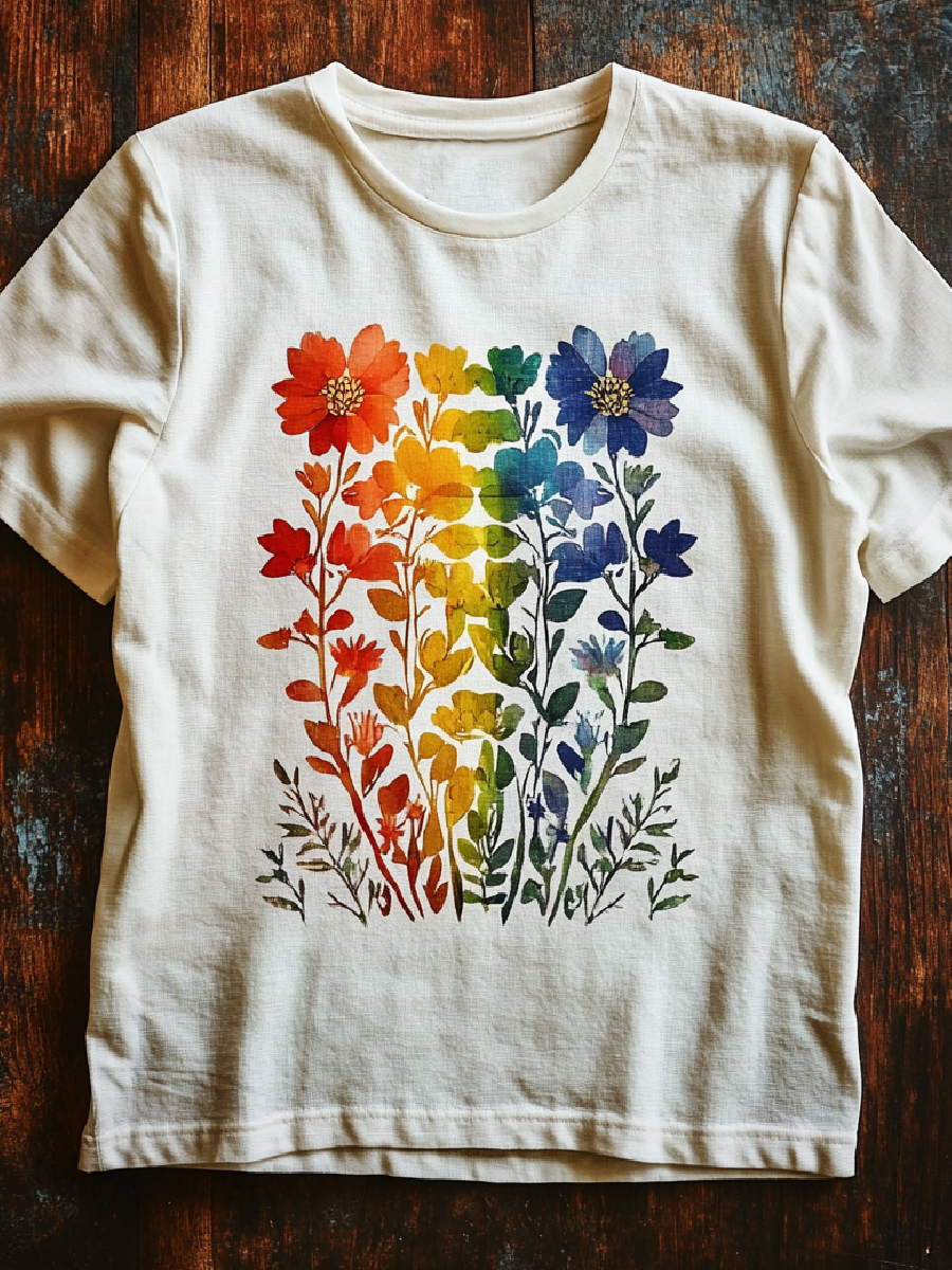 Rainbow Floral Art Print Casual Crew Neck T-Shirt