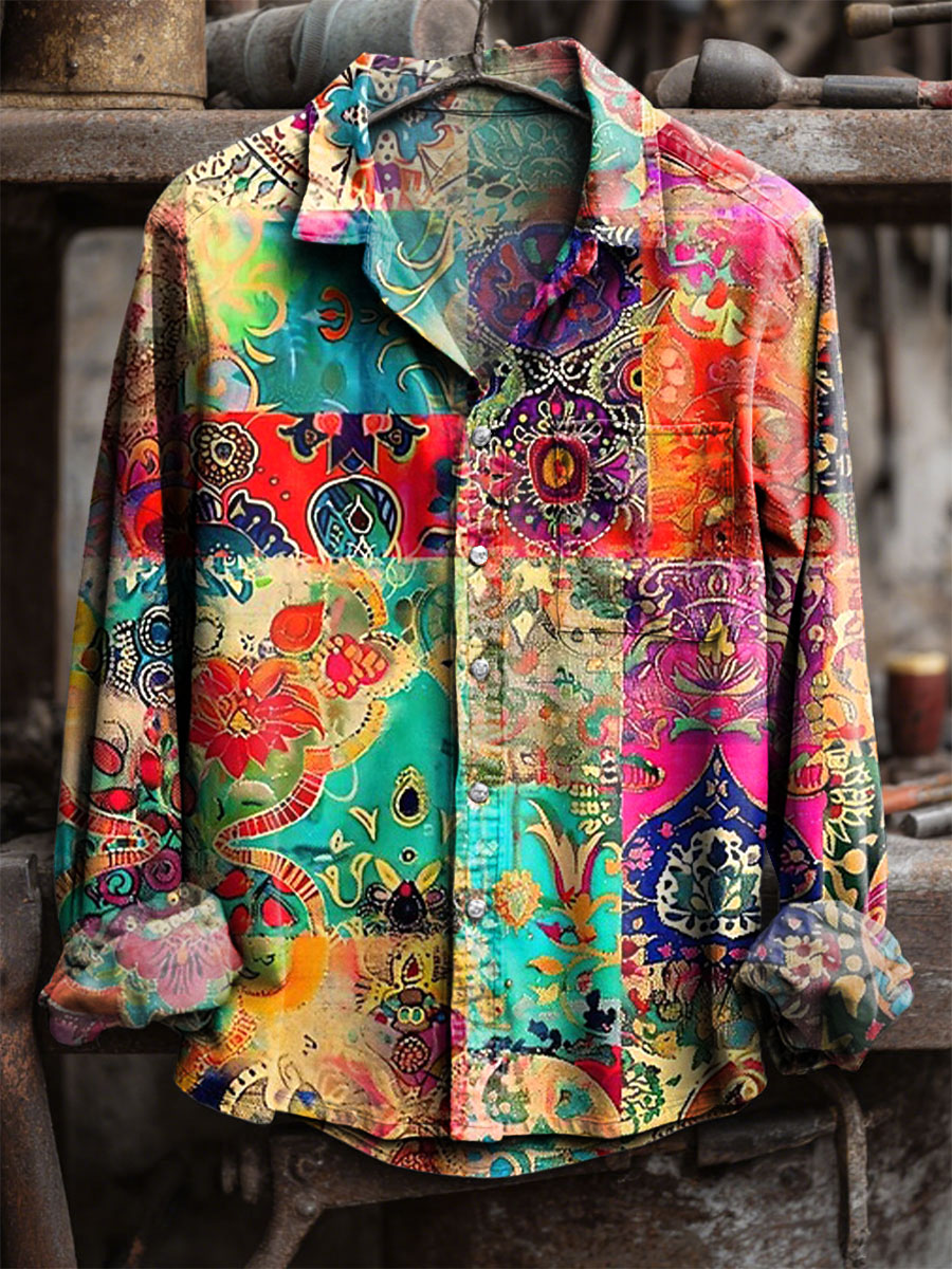 Vintage Flower Ethnic Patchwork Art Print 100% Cotton Long Sleeve Shirt