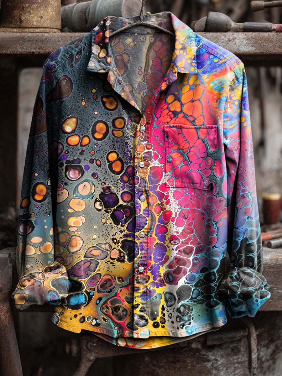Abstract Colorful Ripple Print 100% Cotton Long Sleeve Shirt