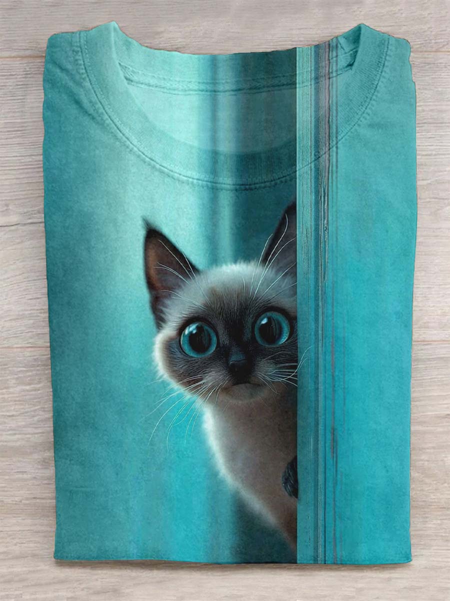 Siamese Cat Sticking Its Head Out Print Design T-shirt