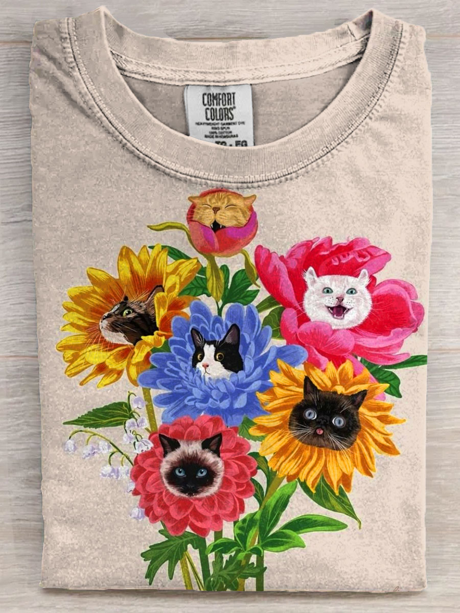 Cats Flower Art Print Casaul Short Sleeve T-shirt