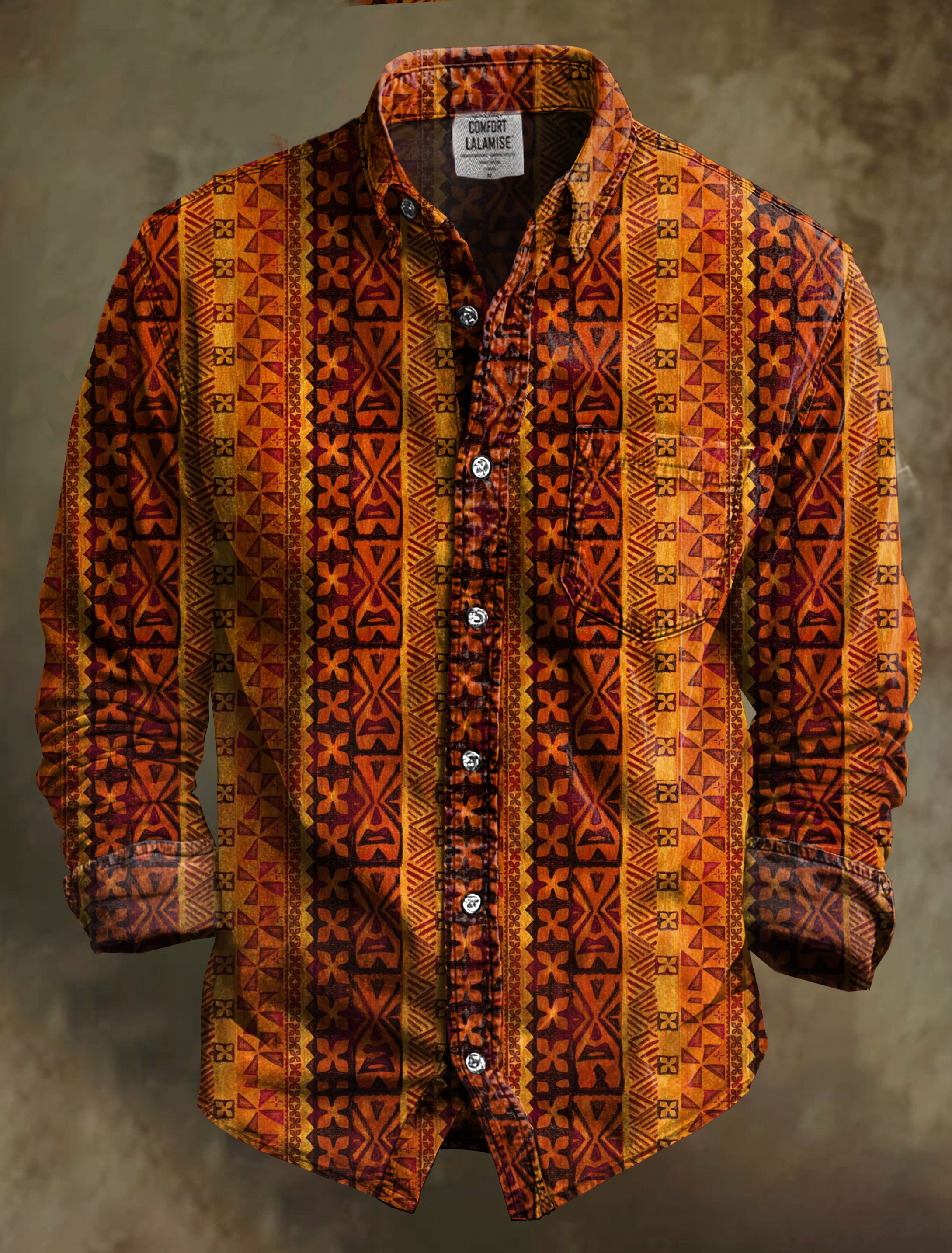 Vintage Tapa Flower Art Print 100% Cotton Long Sleeve Shirt