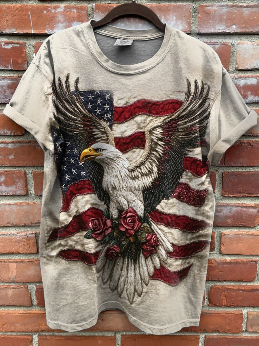 Vintage American Flag Art Print Casual T-shirt For Men And Women