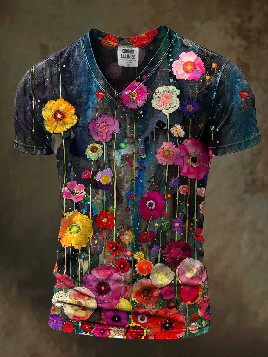 Retro Floral Art Print Casaul Short Sleeve V-neck T-shirt
