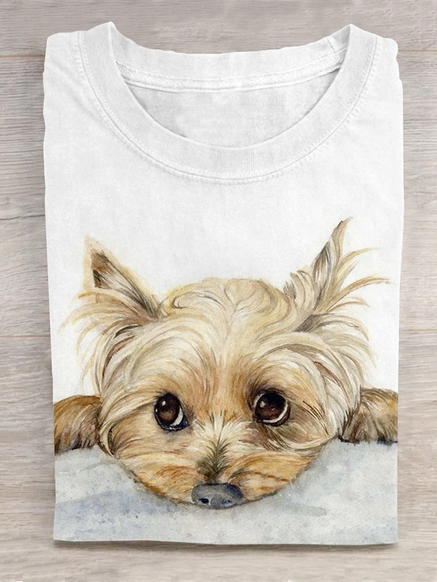 Dog Art Printed Crew Neck Short Sleeve T-Shirt