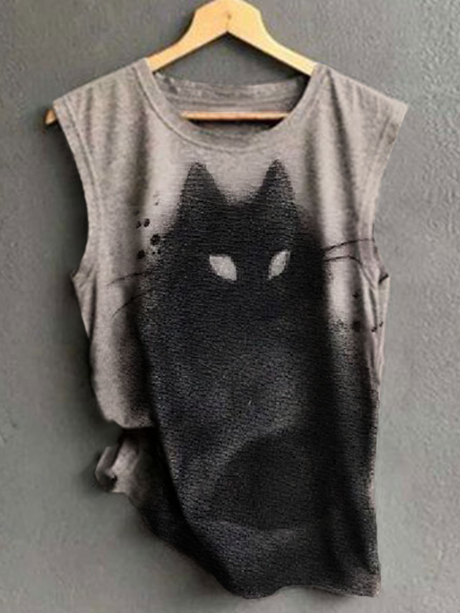 Goth Cat Print 100% Cotton Casual Tank Top