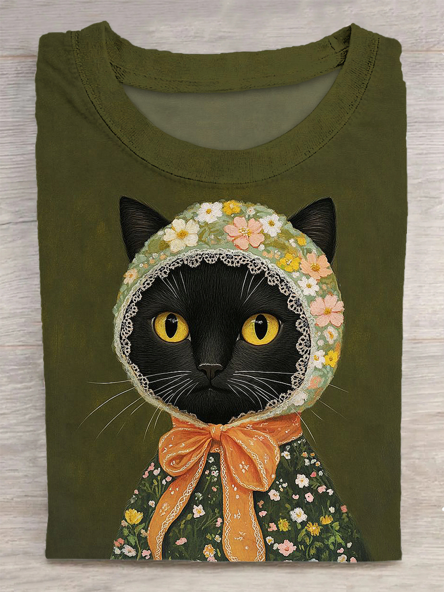 Cat Printed Vintage Fashion Loose Short Sleeve T-Shirt