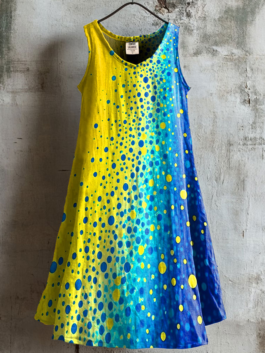 Women's Gradient color polka dot art Print V-neck Pocket Cotton Dress