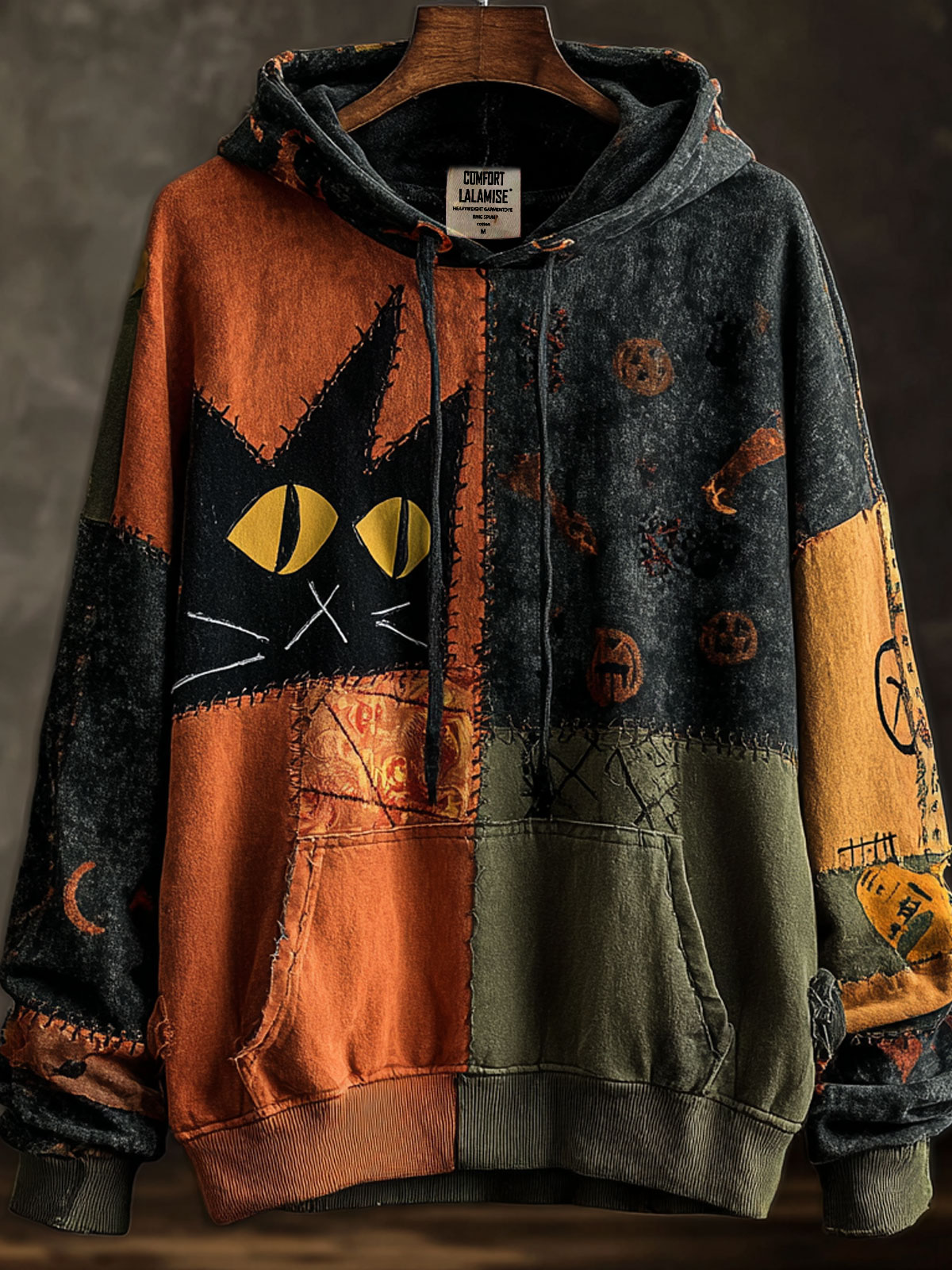 Vintage Black Cat Halloween Patchwork Art Casual Sweatshirt