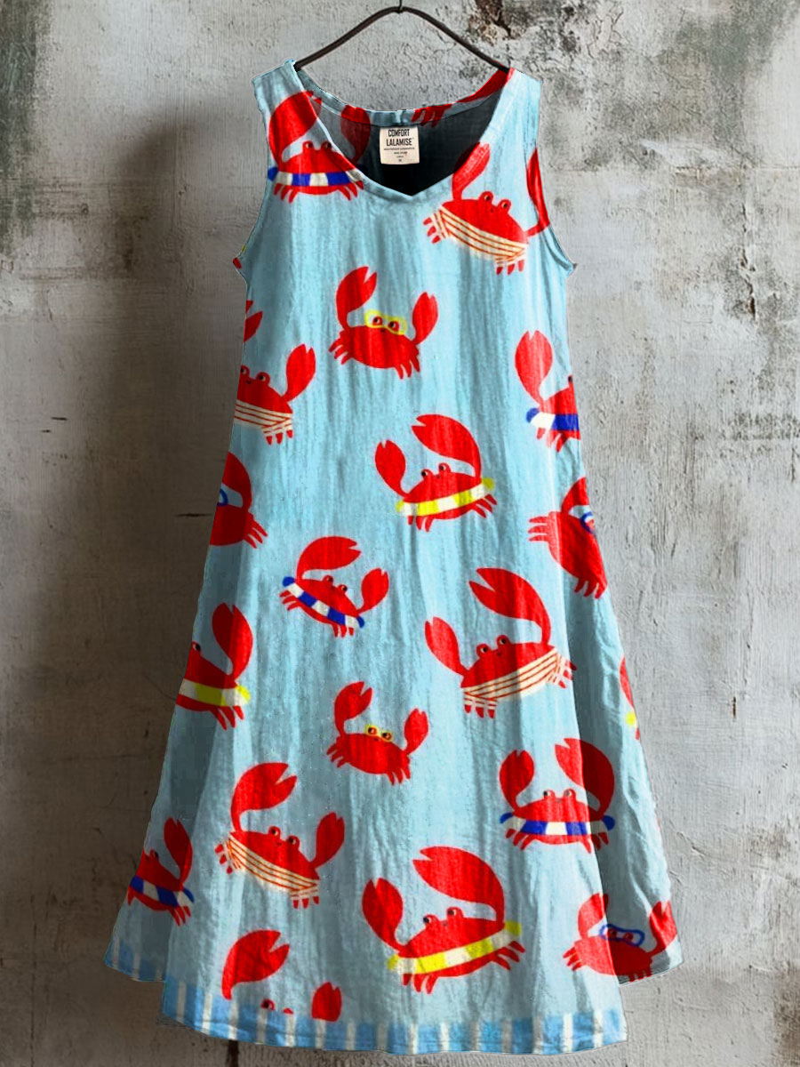 Women's Cute crabs Print V-neck Pocket Cotton Dress