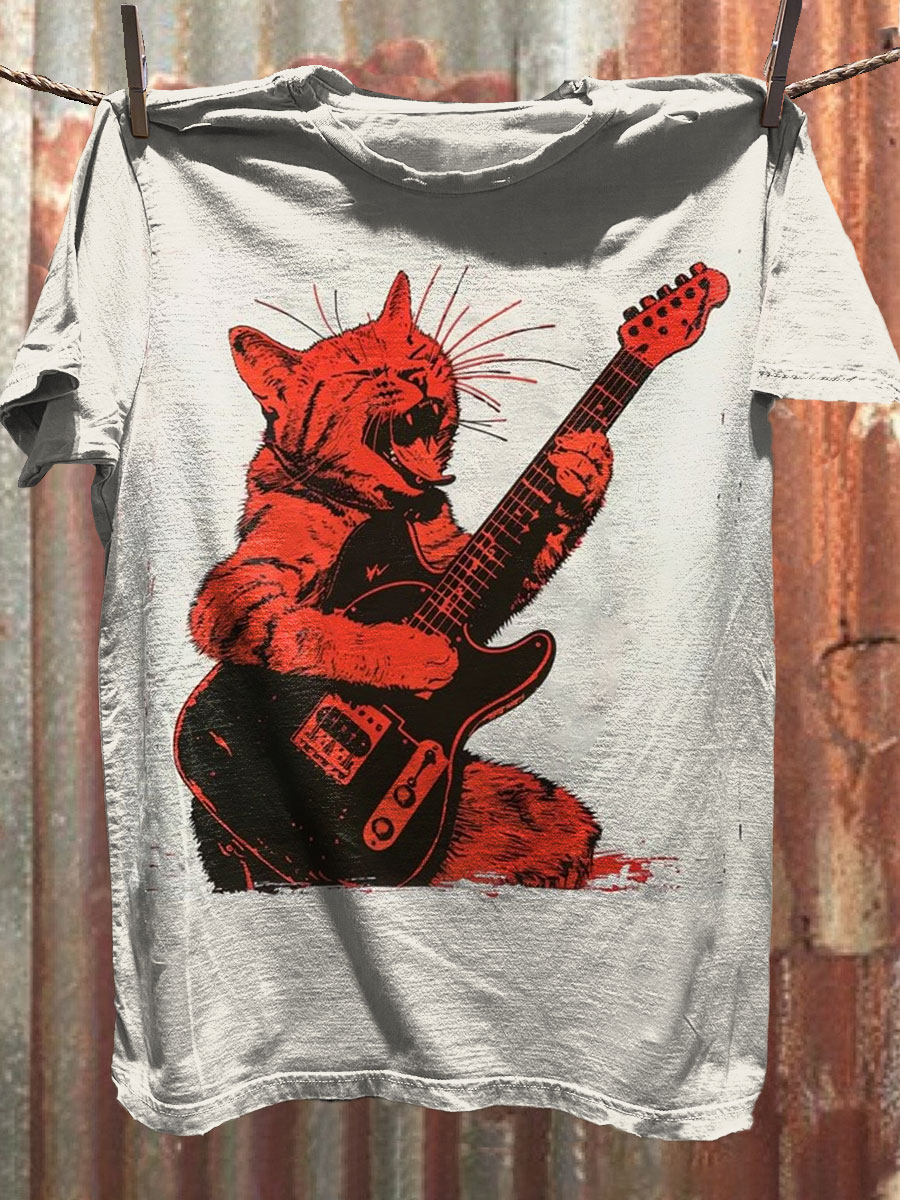 Funny Rock Cat Art Casaul Short Sleeve T-shirt