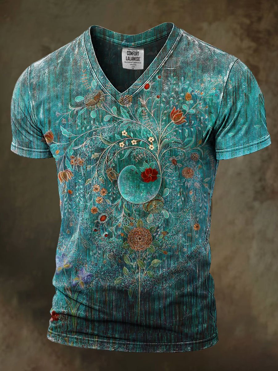 Retro Floral Art Print Casaul Short Sleeve V-neck T-shirt