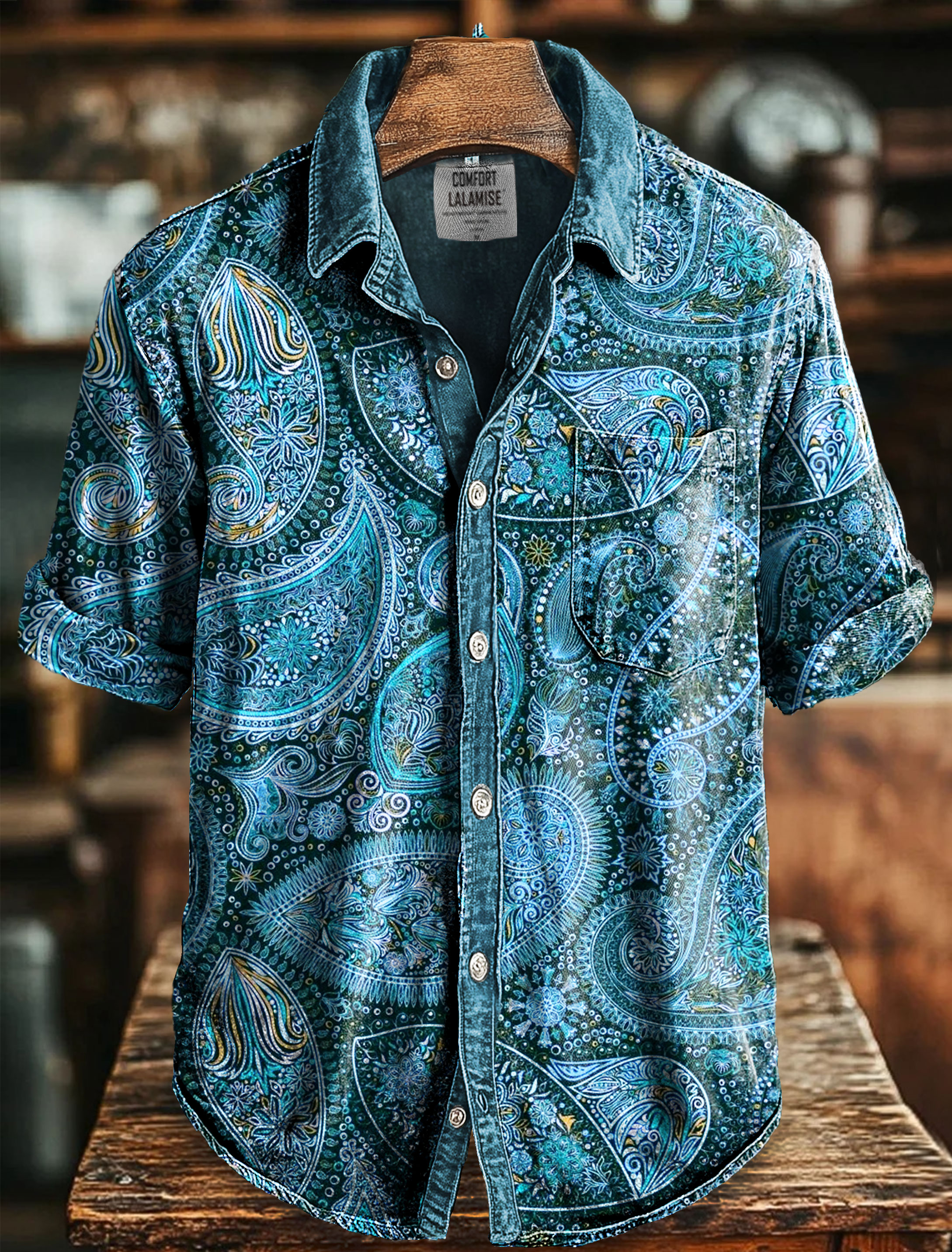 Vintage Blue Paisley Art Print Casual 100% Cotton Shirt