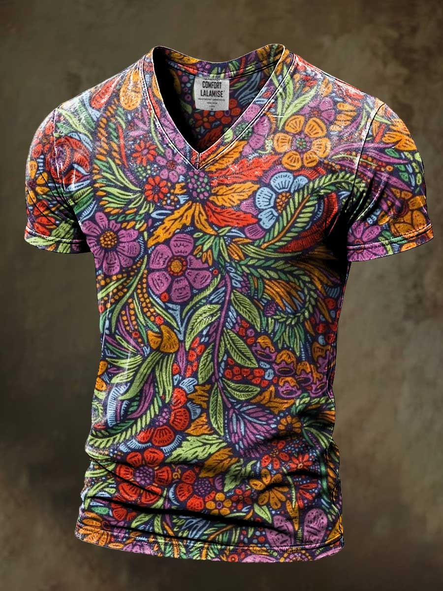 Retro Boho Flower Art Print Casaul Short Sleeve V-neck T-shirt