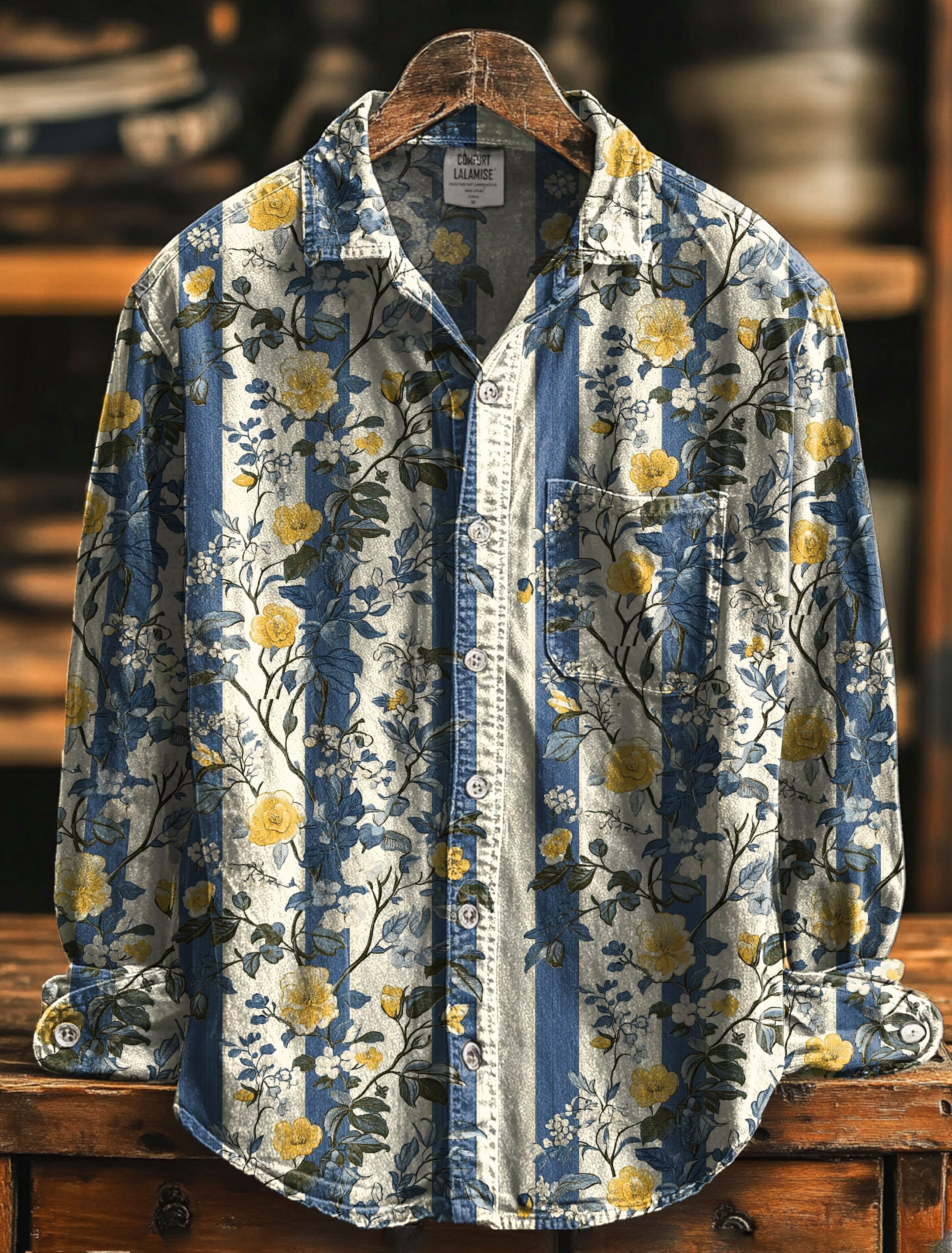 Spring Floral Stripe Art Print 100% Cotton Long Sleeve Shirt