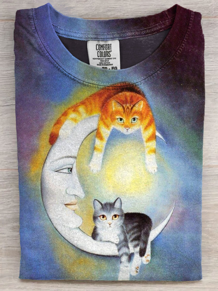Cat With Moon Art Print Casaul Short Sleeve T-shirt