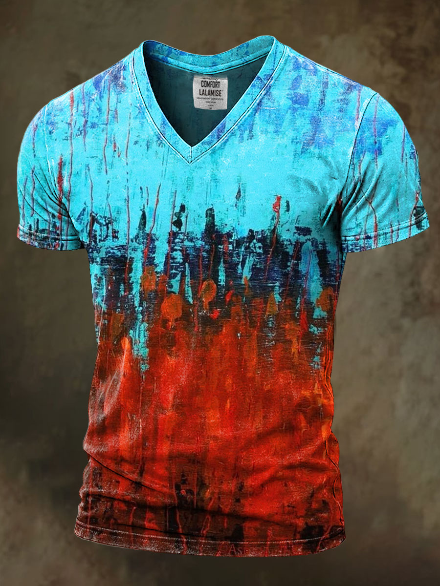 Contrast color Art Print Casaul Short Sleeve V-neck T-shirt