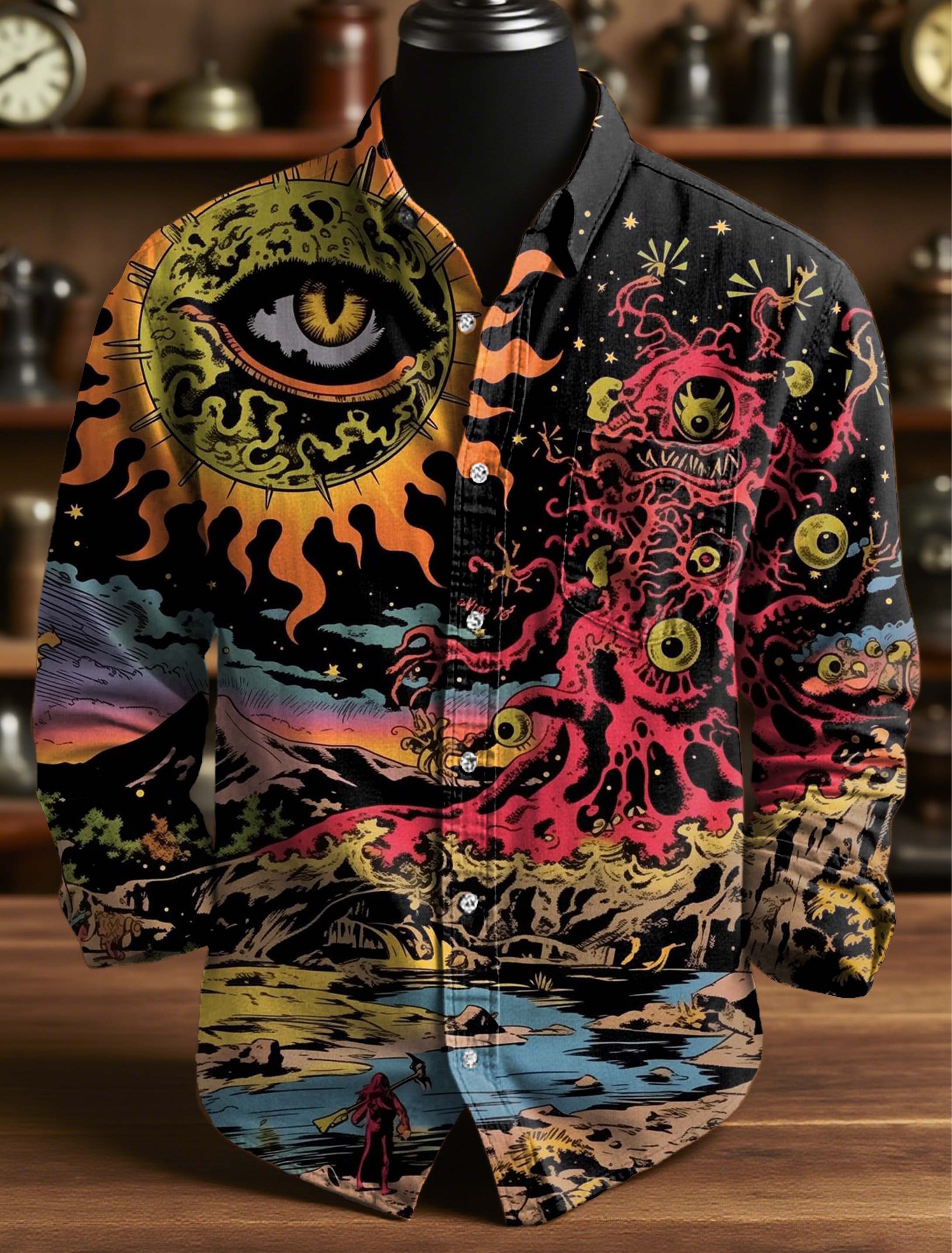 Vintage Evil Cthulhu Eyes Print 100% Cotton Long Sleeve Shirt