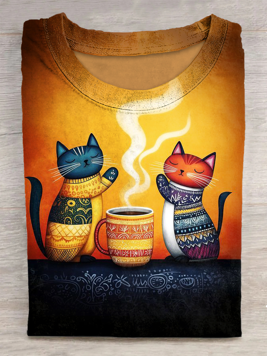 Unisex Cat Printed Vintage Fashion Loose Short Sleeve T-Shirt