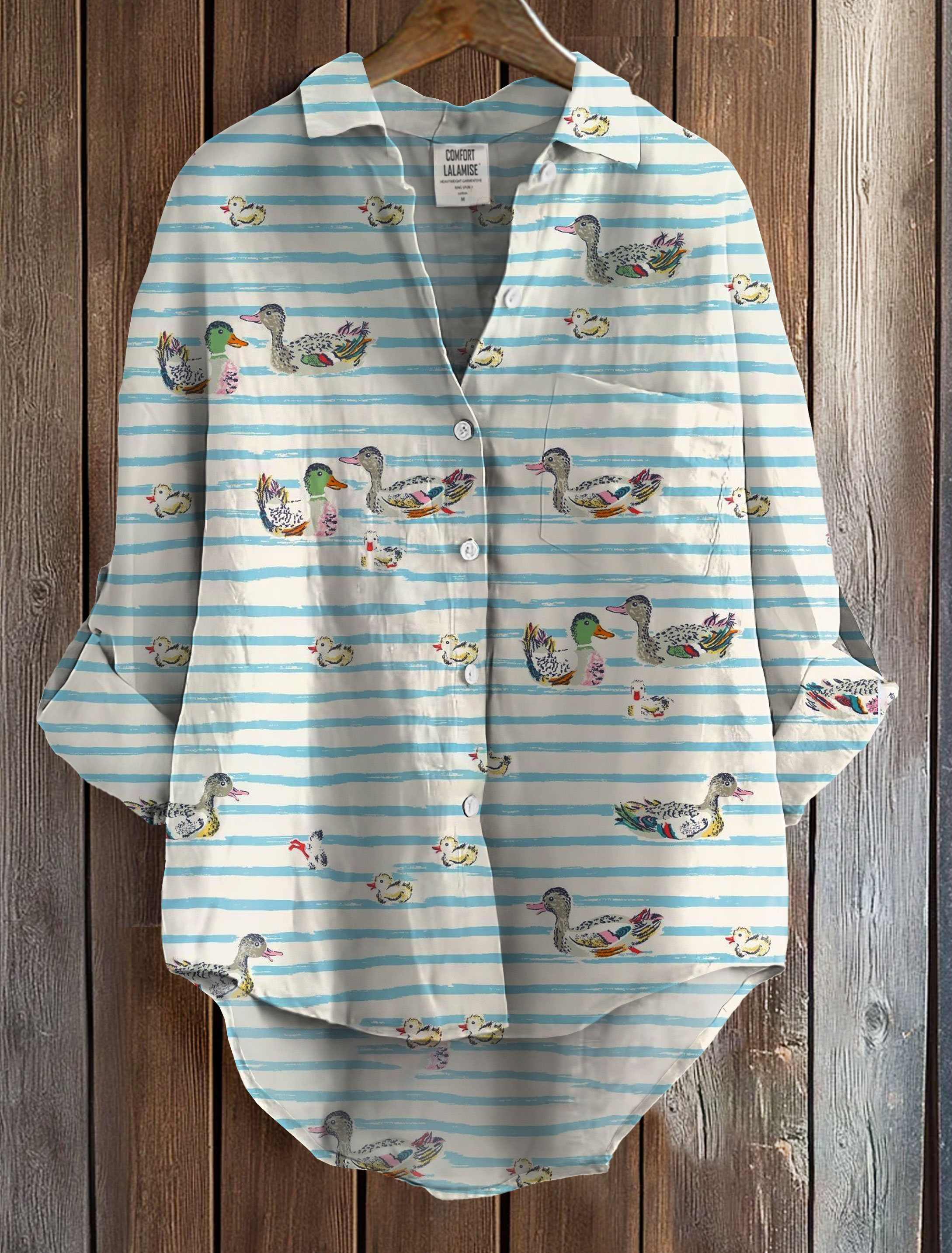 Duck Stripe Art Print Casual Cotton Shirt