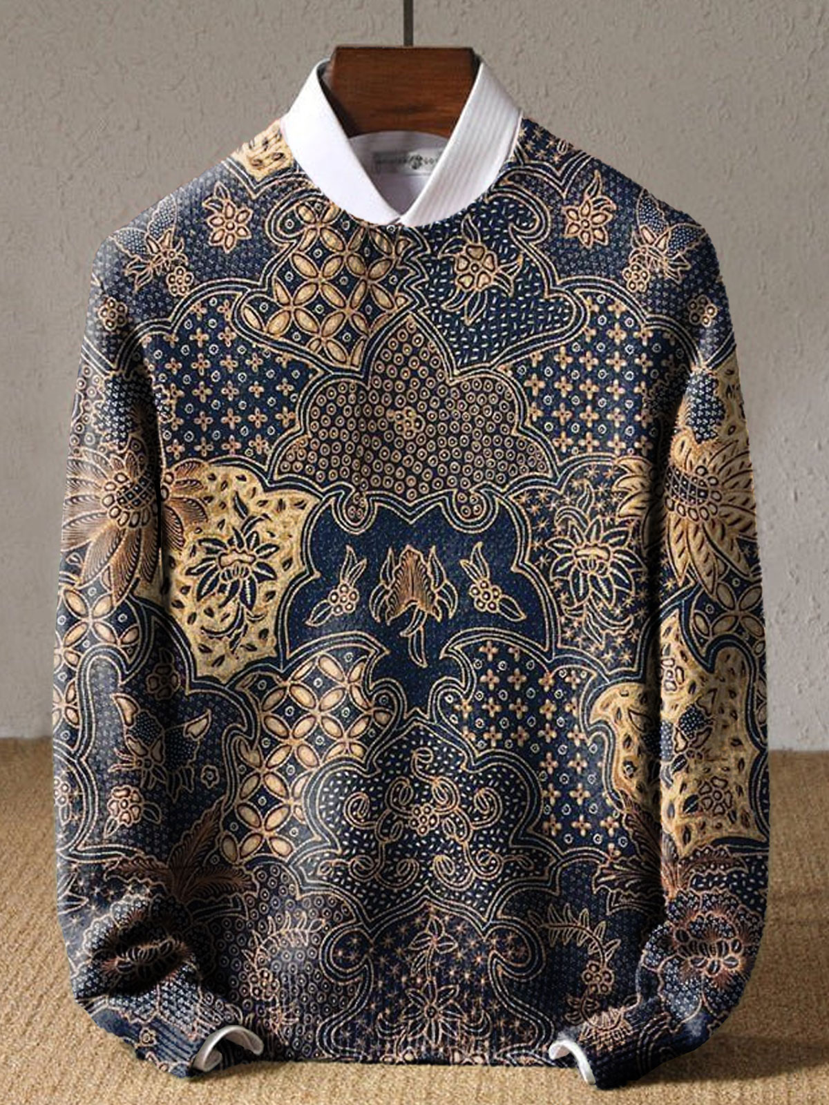 Golden With Blue Flower Ethinic Art Print Knit Pullover Sweater