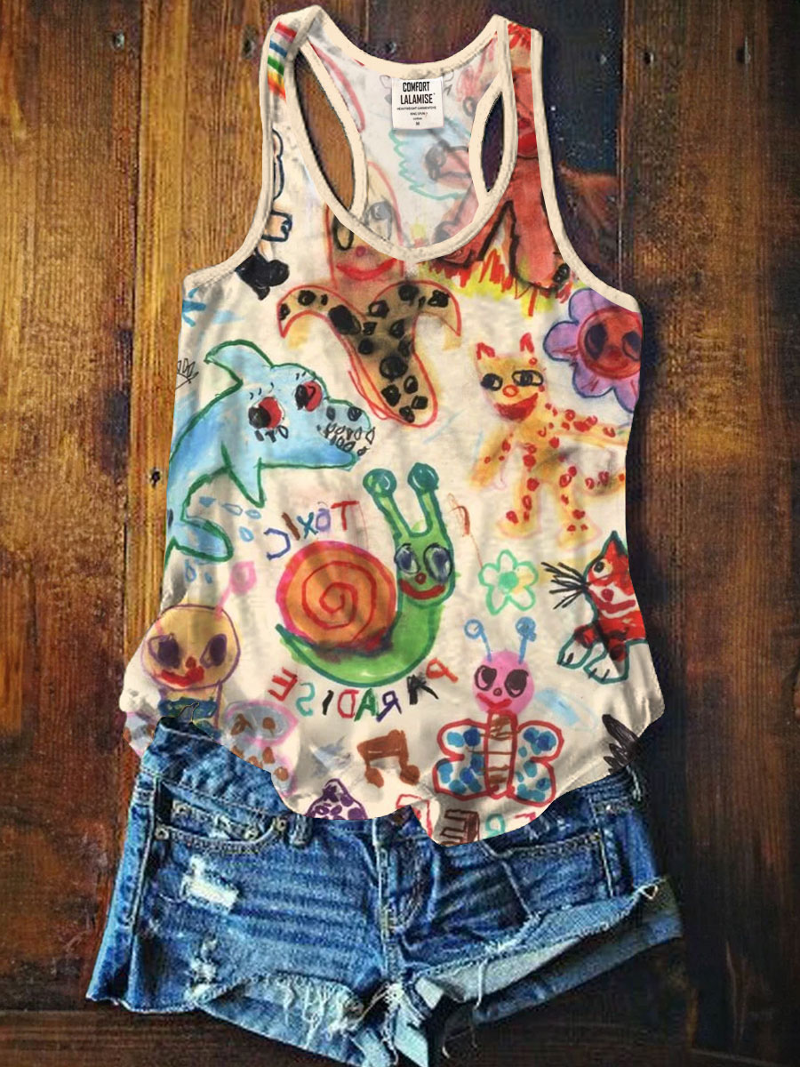 Vintage Cute Kid Drawing Art Print Tank Top
