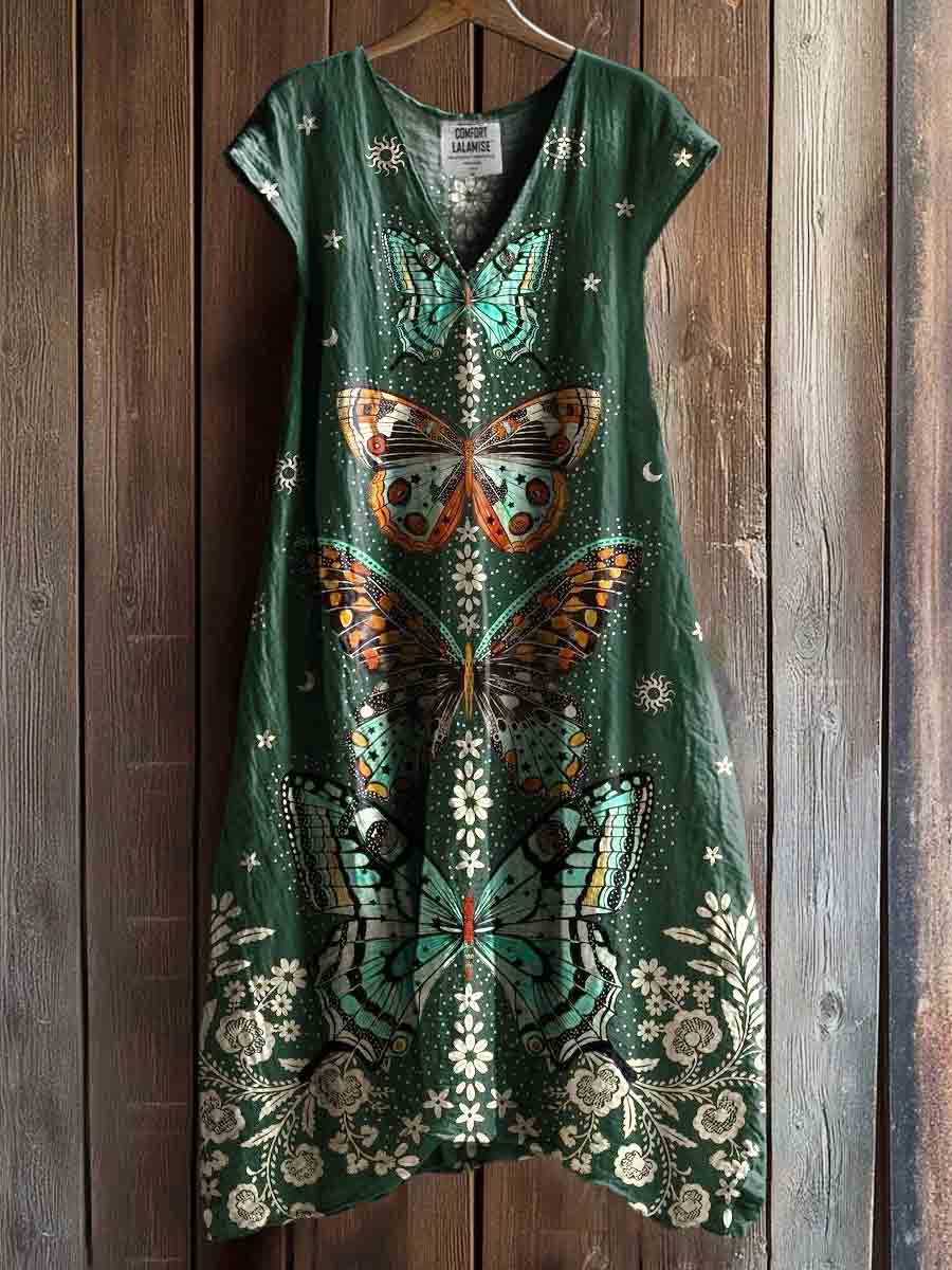 Butterfly Art Print V-neck Pocket Cotton Dress