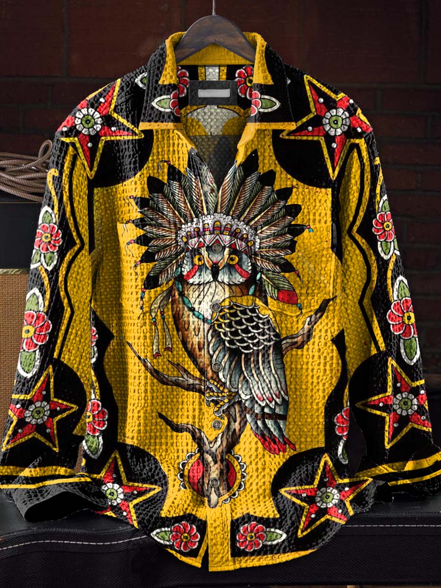Owl Native American Art Print Casual Waffle Long Sleeved Lapel Shirt