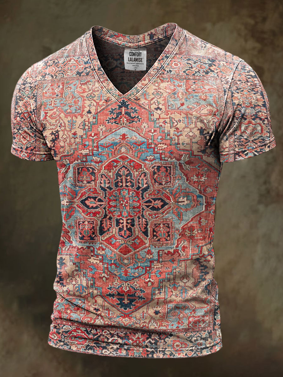 Retro Ethinic Art Print Casaul Short Sleeve V-neck T-shirt