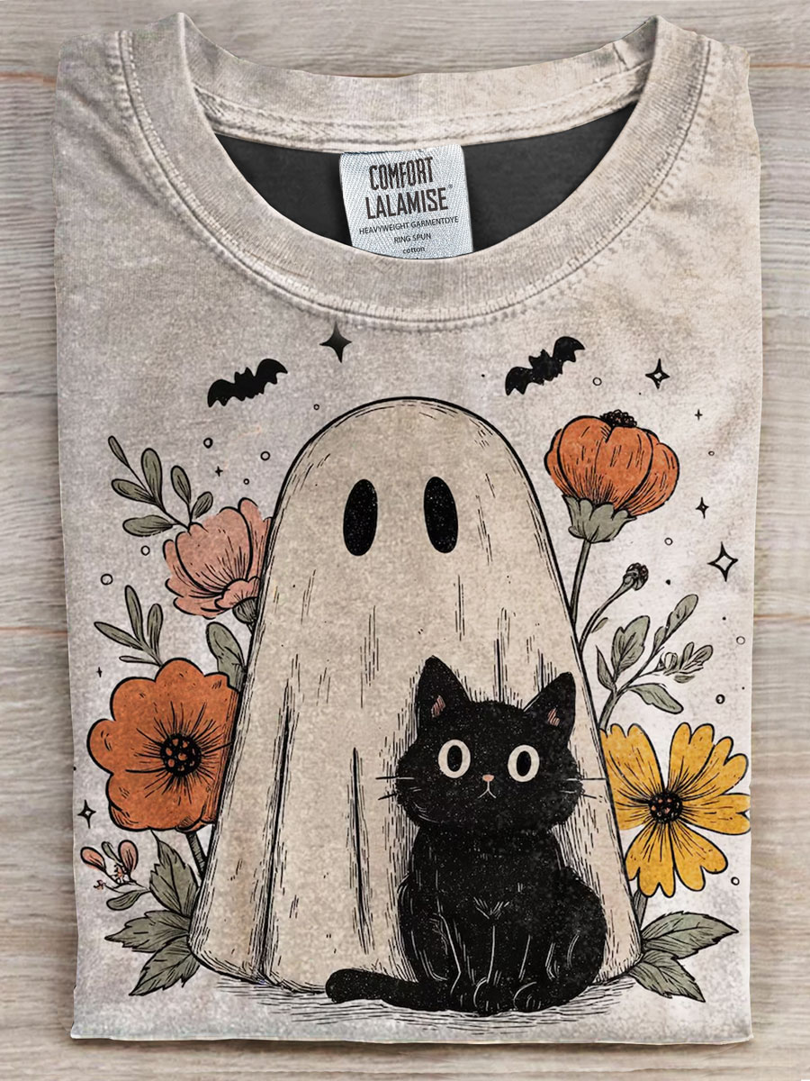 Ghosts and Cats Print Casual T-shirt