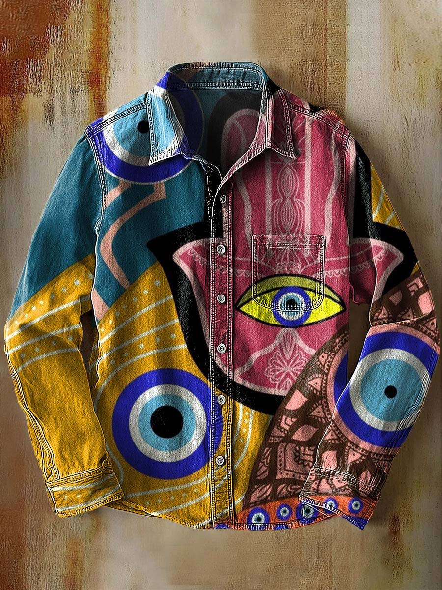 Hamsa Hand of The Gods Evil Eye Bohemian Art Print 100% Cotton Casual Long Sleeved Denim Shirt