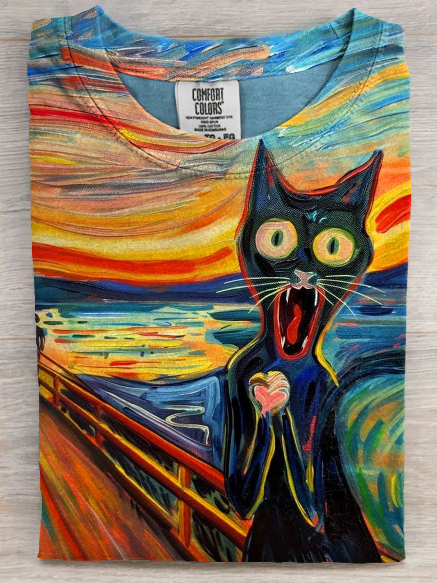 Funny Scream Cat Art Print Casaul Short Sleeve T-shirt