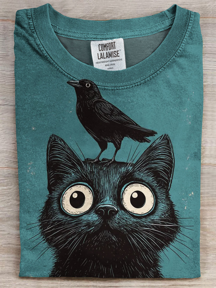 Owl Cat Art Prints Casual T-shirt