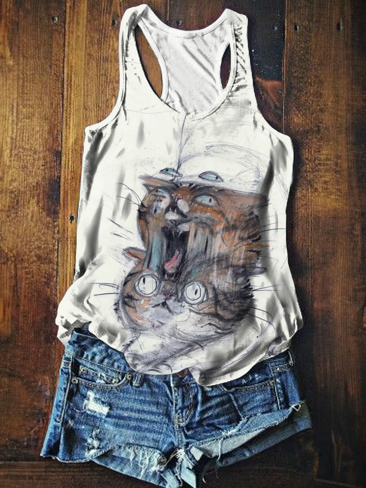 Funny Cat Print Tank Top