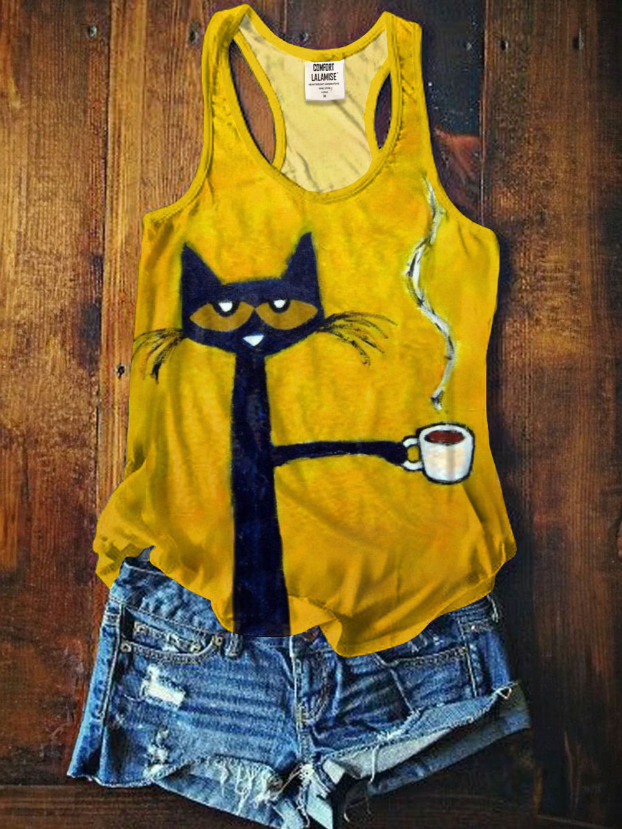 Coffee First Cat Art Print Tank Top
