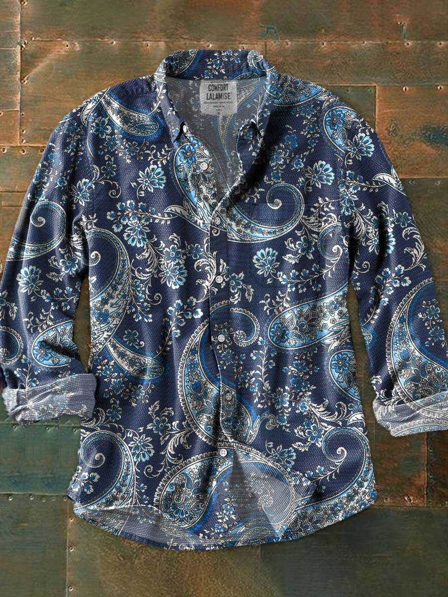 Vintage Blue Paisley Art Print 100% Cotton Long Sleeve Shirt