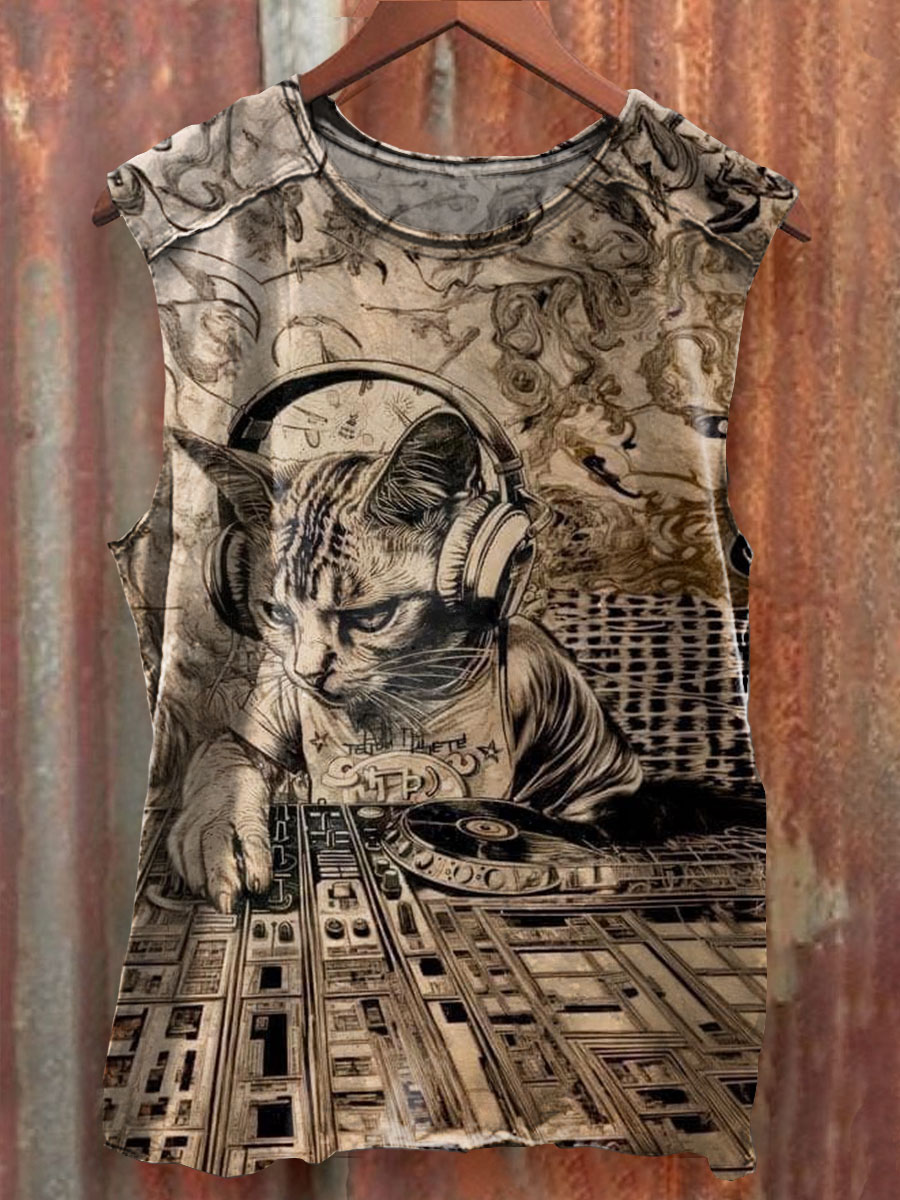 Retro Cat Music Art Print 100% Cotton Casual Tank Top