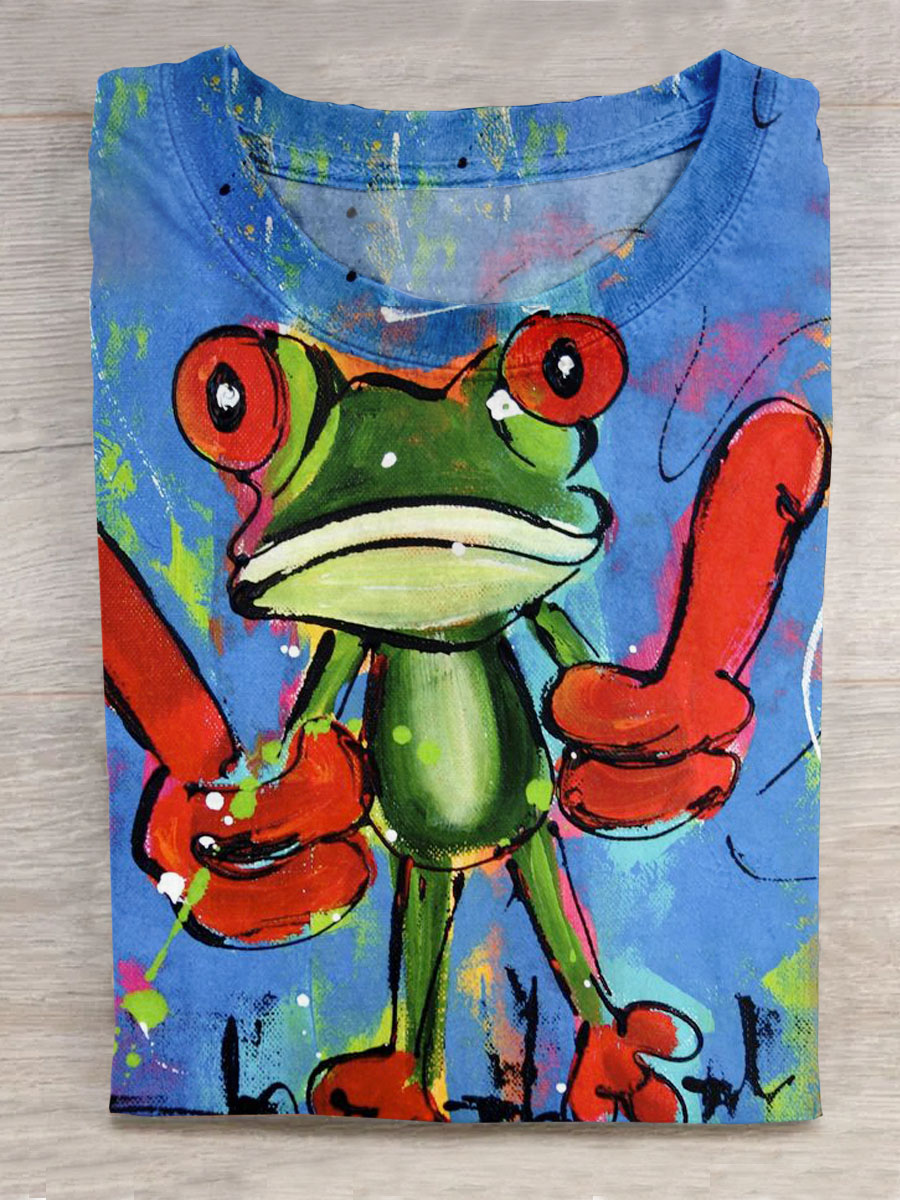 Funny Frog Print Crew Neck Short Sleeve T-Shirt