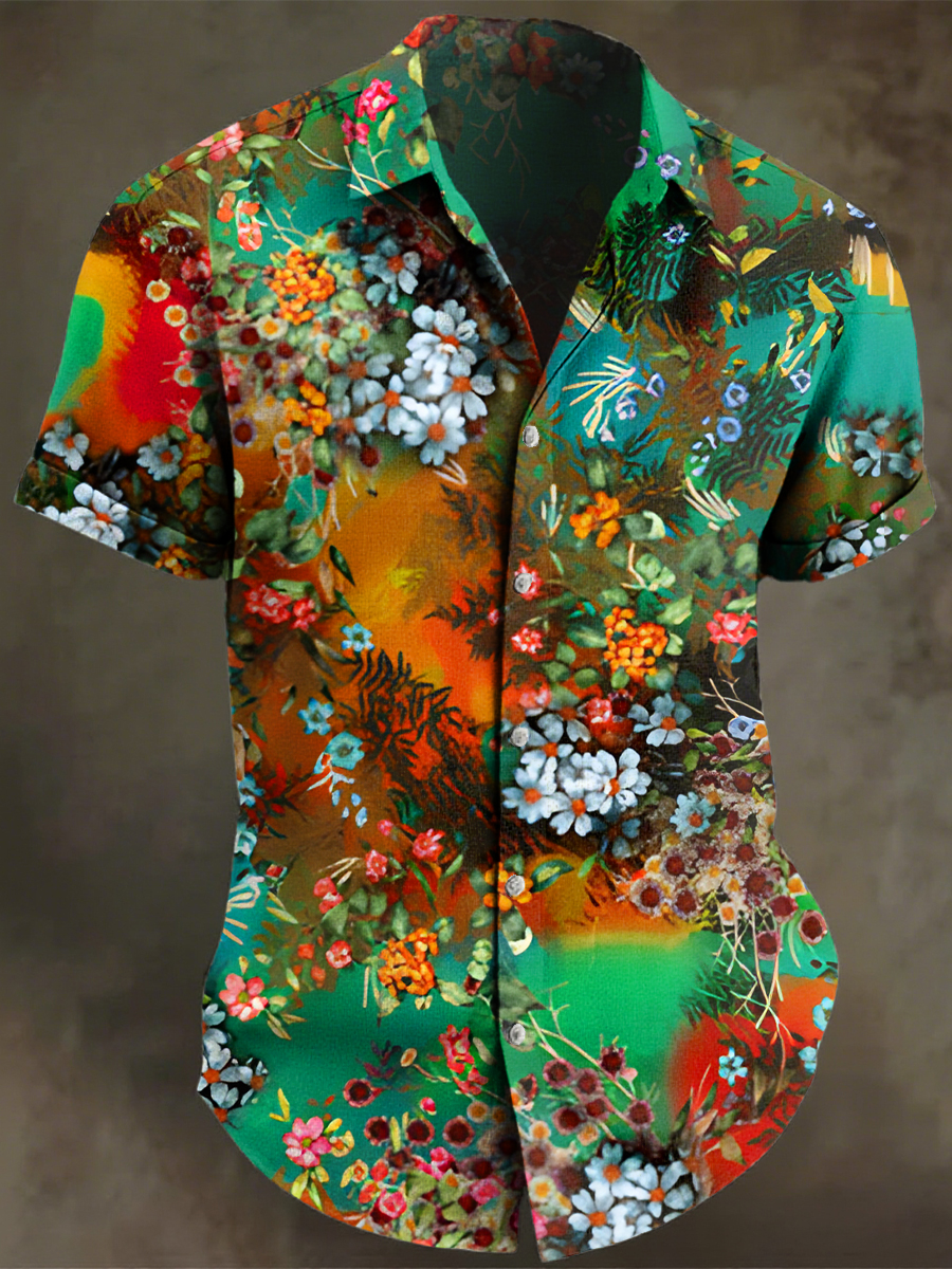 Vintage Multicolor Flowers Art Print Casual 100% Cotton Shirt