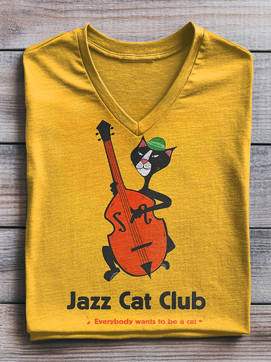 Vintage Funny Jazz Cat Art Print V-neck Casual T-Shirt