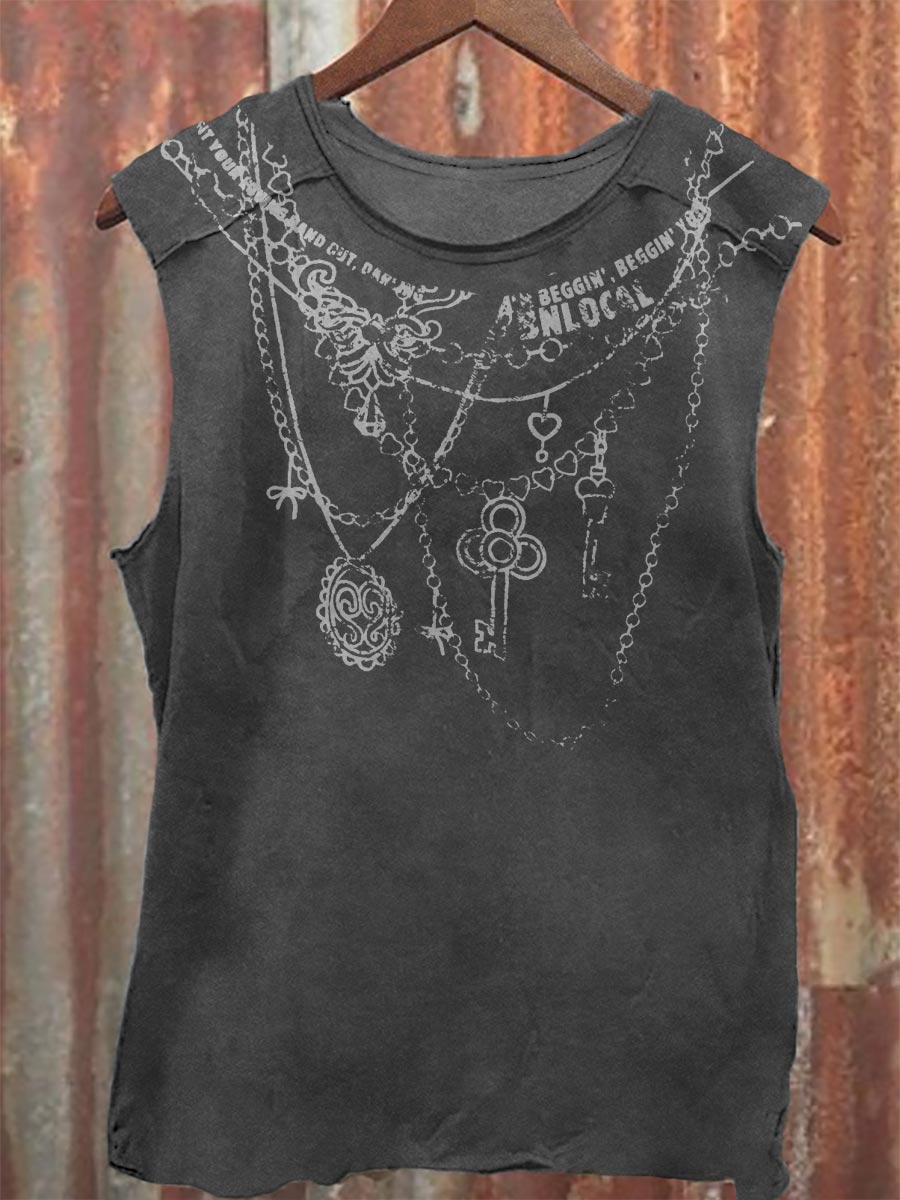 Vintage Print 100% Cotton Casual Tank Top