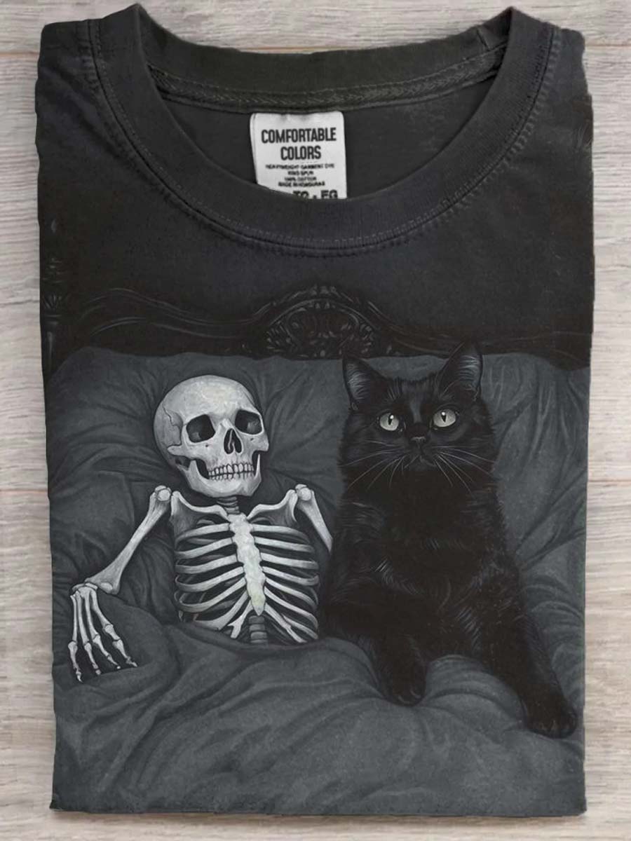 Skull Cat Print Casual Short Sleeve T-Shirt